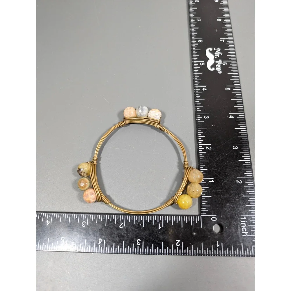 Wire Wrapped Stone Bead Bangle Bracelet Brass Tone Stackable Boho 8 Inch‎